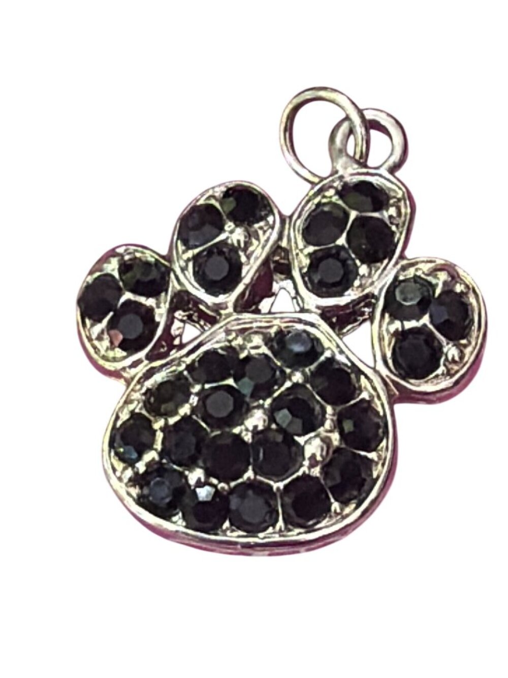 Silver Tone Puffy Pet Dog Paw Pendant Black Rhinestones 1.25" Filigree Back NWOT